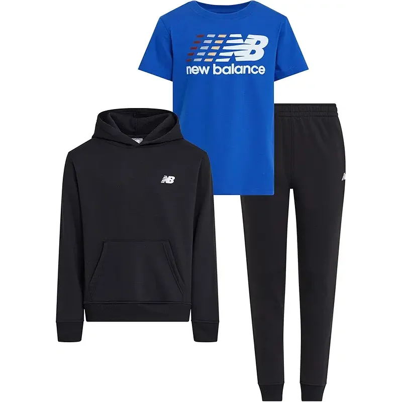New Balance 3Pc Sweatsuit for Boys & Toddlers - Pullover Hoodie, T-Shirt, Jogger, Kids Soft Cotton Blend Fleece (2T-12)