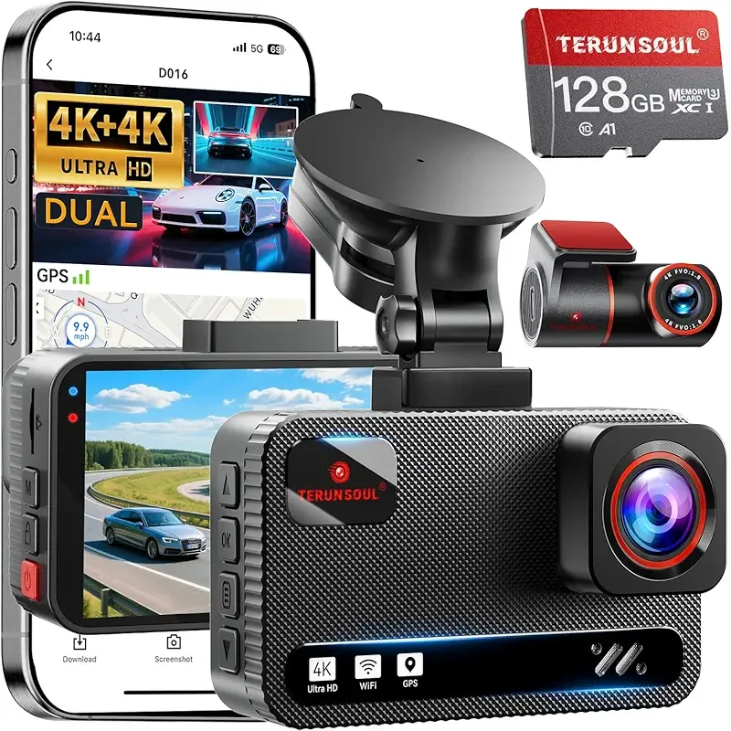 4K+4K Dash Cam Front and Rear, Free 128GB Card Included, 5.8GHz WiFi Dash Camera for Cars, Built-in GPS, G-Sensor, 170°Wide Angle, 3" IPS Screen, 24H Parking Mode, Support 512GB Max
