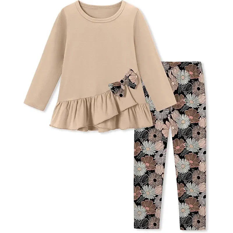 Toddler Girl Clothes 18M-8T Girls Fall Winter Outfit, Long Sleeve Ruffle Bowknot Top + Floral Pants 2Pcs Clothing Set