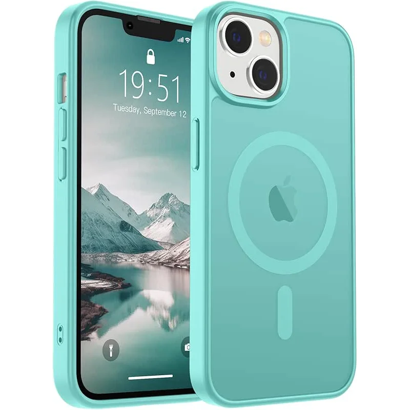 SUPFINE Magnetic for iPhone 14 Case & iPhone 13 Case (Compatible with MagSafe)(Military Grade Drop Protection) Slim Translucent Matte Shockproof Phone Cover,Blue Green