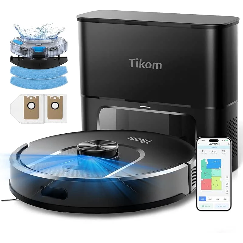 Tikom Robot Vacuum and Mop, 6000Pa Robotic Vacuum Cleaner with Self-Emptying Base, 90 Days Capacity, LiDAR Navigation, Home Mapping, Ideal for Pet Hair, Hard Floors, Carpet (L8000 Plus)
