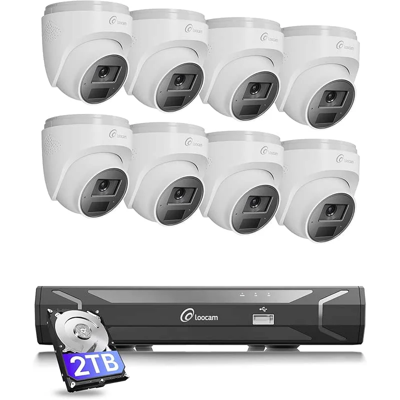Loocam 4K PoE Camera System, 8CH NVR 8pcs 8MP Dome IP Cameras Two-Way Audio, AI Human Detection, Plug and Play Video Surveillance Security Camera System Outdoor/Indoor, Remote Access, 2TB Hard Drive