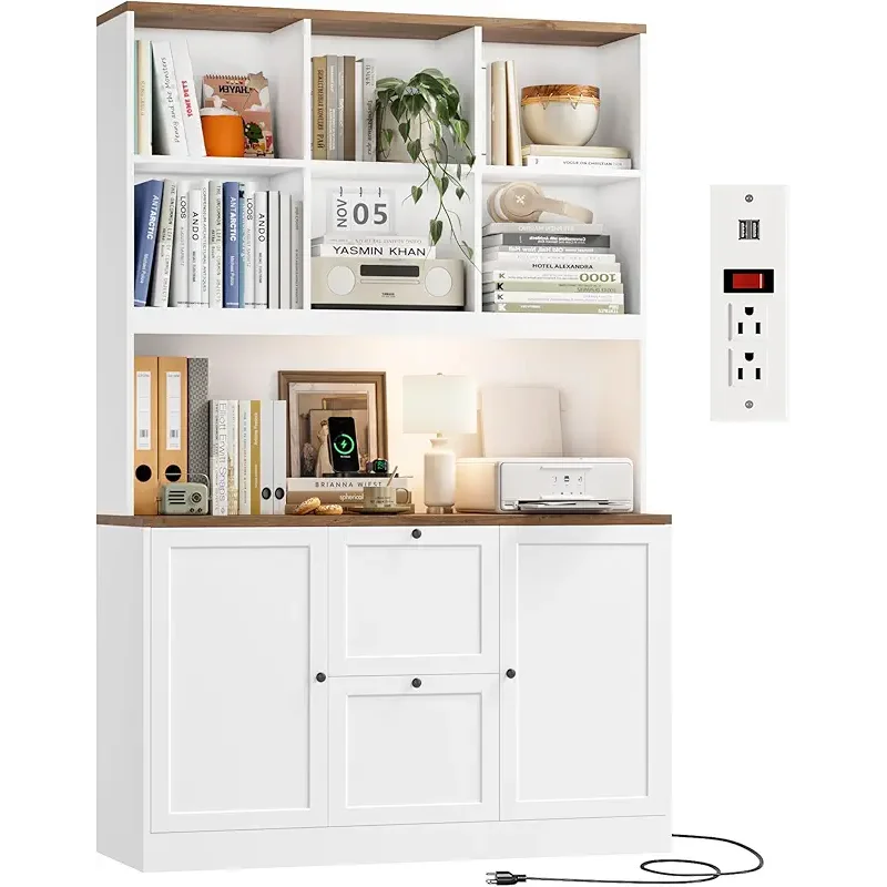 HIFIT 72'' Tall File Bookcase with Power Outlet & Printer Stand, 2 Drawer Filing Cabinets for Home Office Fit Hanging A4 File, Storage Cabinet w/ 3 Tier Open Book Shelf & Doors for Living Room, White