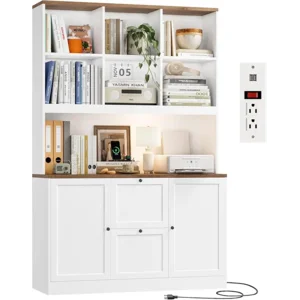 HIFIT 72'' Tall File Bookcase with Power Outlet & Printer Stand, 2 Drawer Filing Cabinets for Home Office Fit Hanging A4 File, Storage Cabinet w/ 3 Tier Open Book Shelf & Doors for Living Room, White