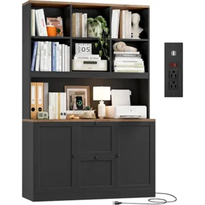 HIFIT 72'' Tall File Bookcase with Power Outlet & Printer Stand, 2 Drawer Filing Cabinets for Home Office Fit Hanging A4 File, Storage Cabinet w/ 3 Tier Open Book Shelf & Doors for Living Room, Black