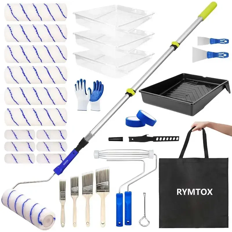 33PCS Paint Roller Kit with Extension Pole | 2–4 FT Pole | 9" & 4" Paint Rollers | Carry Bag | 4 Brushes & Tape | Professional Painting Supplies & Paint Brushes Set for Walls Ceilings and Home