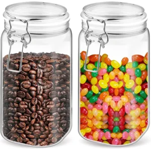 2 Pcs PET Plastic Storage Jars with Locking Clamp Empty Square Clear Food Storage Containers Wide Mouth Sealed Jars Food Canister For Coffee Candy Cookie Spices Nuts Sugar And More (51.7OZ/1550ml)