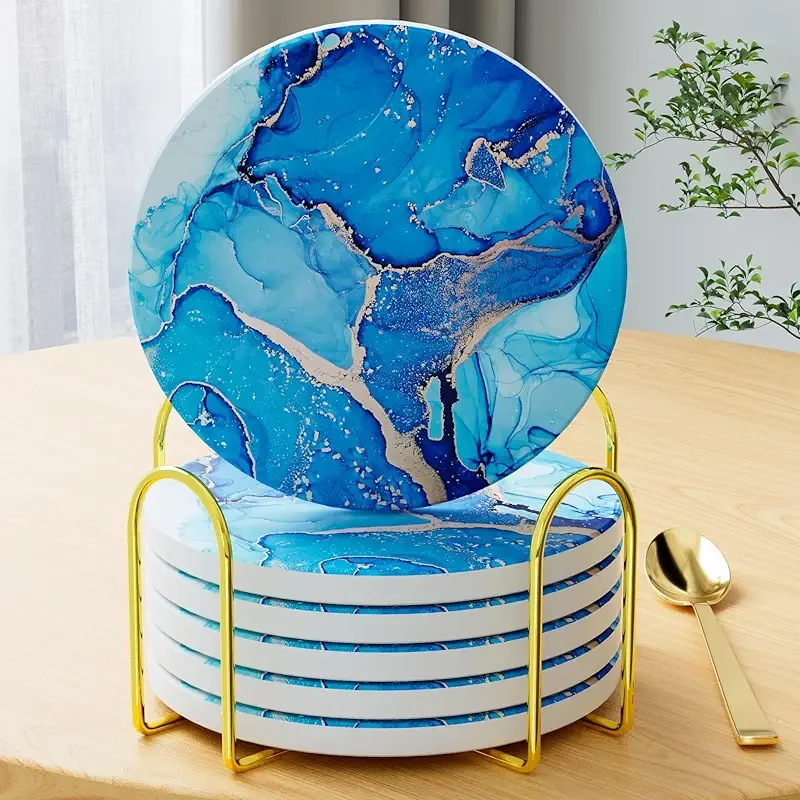 6Pcs/Set Marble Abstract Ceramic Coasters with Holder, Absorbent Drink Coasters, Coffee Cup Coaster,Round Ceramic Table Coasters Set Decorative