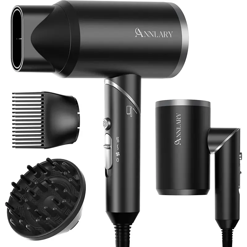 Plasma Ion Hair Dryer with Diffuser for Curly Hair, 1800W Fast Drying Blow Dryer with Comb, Lightweight and Low Noise Hairdryer for All Hair Types, Foldable Design for Travel
