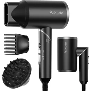Plasma Ion Hair Dryer with Diffuser for Curly Hair, 1800W Fast Drying Blow Dryer with Comb, Lightweight and Low Noise Hairdryer for All Hair Types, Foldable Design for Travel