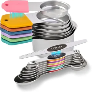 16-Piece Magnetic Measuring Cups and Spoons Set, Stainless Steel with Non-Slip Silicone Handles and Leveler, Essential Kitchen Baking Tools (Multicolor)