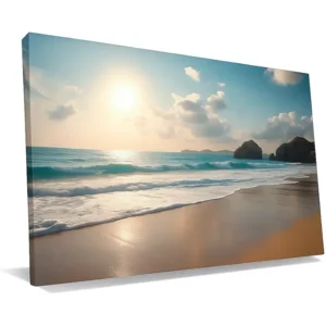 Seaside Serenity – Beach Sunset Canvas Wall Art – Tranquil Ocean Waves & Golden Sky, UV-Resistant Ink, Kiln-Dried Frame – Sal’s Custom Shop