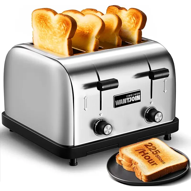 WantJoin Commercial Toaster 4 Slices - 225 Slices/Hour 1800W Pop Up Wide Slots 6-Level Setting with Removable Crumb Tray, Stainless Steel, Bread, Bagels, Breakfast, Restaurant