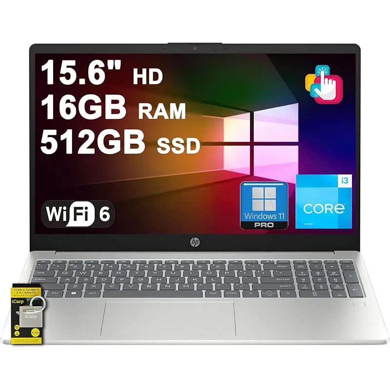 HP 15 Business Laptop 15.6" HD Anti-Glare Intel 6-core i3-1315U 16GB RAM 512GB SSD Type-C Privacy Camera Fast Charging Long Battery Life Win11Pro ICP Hub