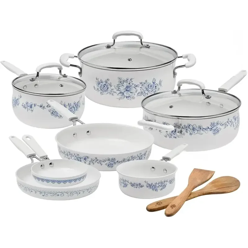 Pioneer Woman 12-Piece Classic Ceramic Cookware Set, Non-Stick, White with Blue Floral Pattern, Includes Stock Pot, Sauce Pans, Skillets, Egg Pan, Wooden Utensils