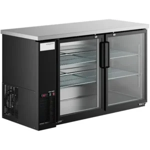 48-Inch Black Commercial Back Bar Refrigerator, 2-Door Glass, LED Lighting, Counter Height, Digital Controls, 13 Cu. Ft. Storage, Stainless Steel Top