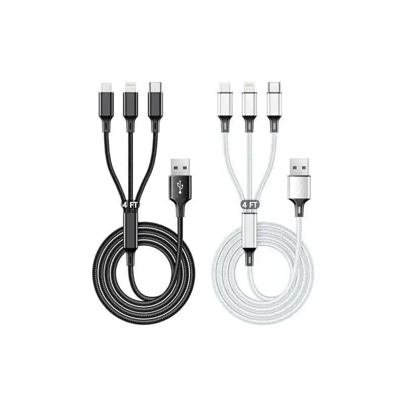 Multi USB Charging Cable 3A, 3 in 1 Fast Charger Cord Connector with Dual Phone/Type C/Micro USB Port Adapter, Compatible with Tablets iPhone 14 13 12 Pro 8 7 Samsung Galaxy (4FT/2Pack Charging Only)