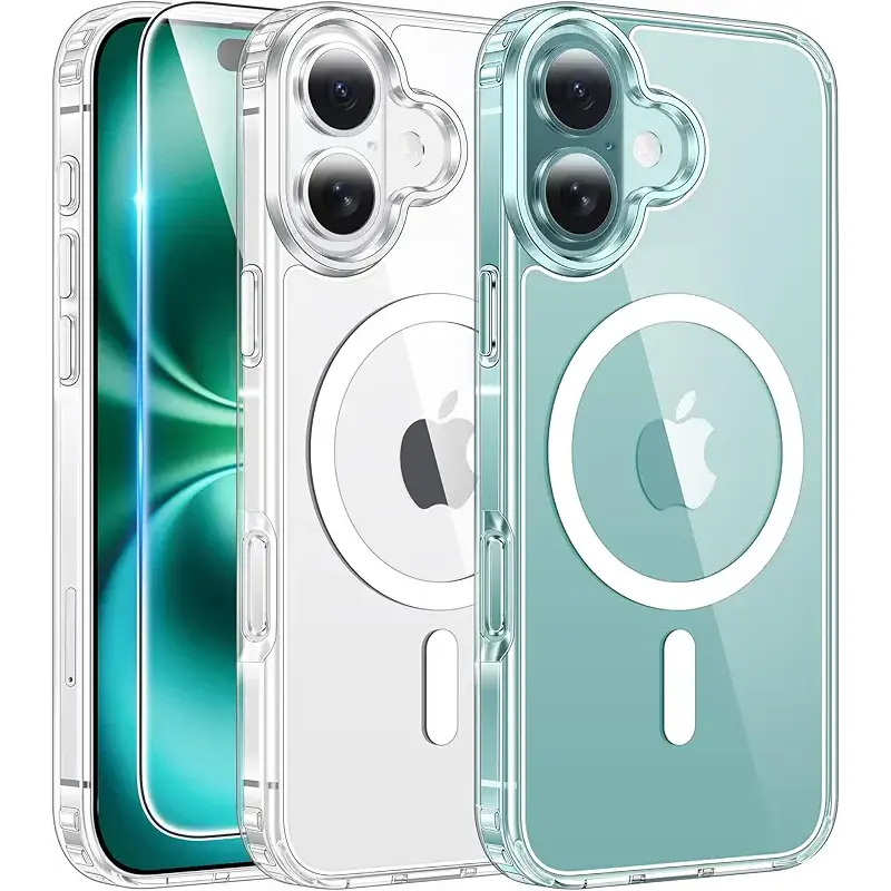 FNTCASE for iPhone 16 Case Clear: Magnetic Phone Cases with Screen Protector Drop Proof Compatible with Magsafe Slim Anti Yellowing Rugged Shockproof Protective Transparent Cell Cover (A-Clear)