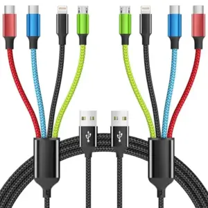 4 in 1 Multi Charging Cable [2Pack 5FT], Tangle Free USB C Car Charger Cable Nylon Braided with 2 USB-C/IP/Micro, Travel Charging Cords for iPhone Android iPad and More