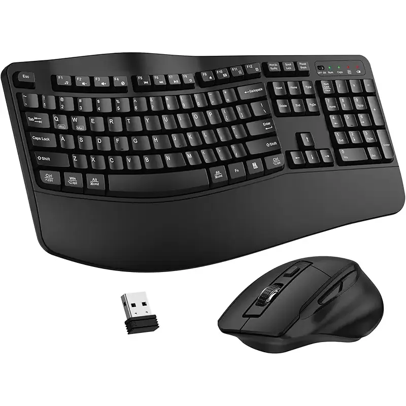 Wireless Keyboard and Mouse Combo, 2.4G Full Size Wave Keys Ergonomic Keyboard with Wrist Rest and 3-Level DPI Adjustable Wireless Ergonomic Mouse for Windows, Mac OS Desktop/Laptop/PC(Black)