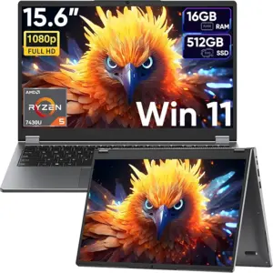 15.6" 2-in-1 Laptop/Tablet with 120Hz Incell Touchscreen,AMD Ryzen 5 7430U (6-Core up to 4.0GHz),16GB RAM 512GB SSD,360° Flip,FHD,Win 11,Backlit Keyboard for Creative Work,Business & Student
