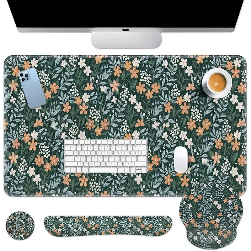 Britimes Green Florals Keyboard Mouse Pad Set Vintage Flower 4in1 Large Mousepad+Keyboard Wrist Rest+Mouse Wrist Rest+Coaster Ergonomic Design for Home Office Computer 35.4x15.7 inches