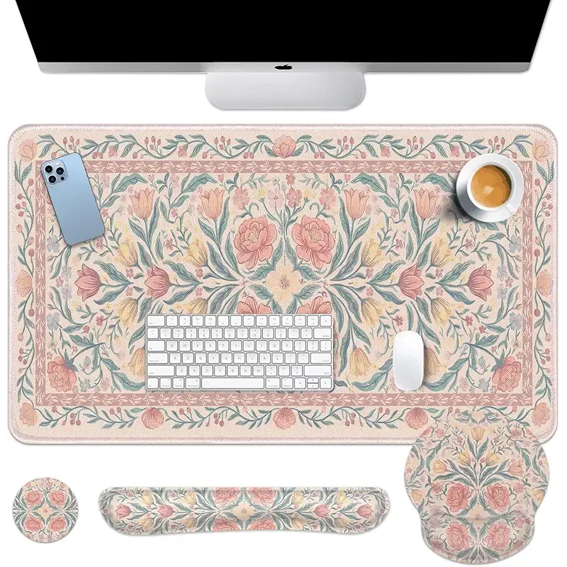 Britimes Pink Floral Keyboard Mouse Pad Set Retro 4in1 Large Mousepad+Keyboard Wrist Rest+Mouse Wrist Rest+Coaster Ergonomic Design for Home Office Computer 35.4x15.7 inches