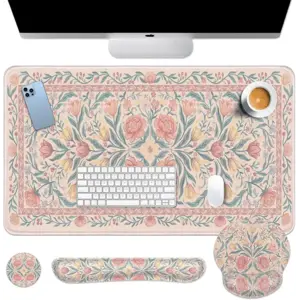 Britimes Pink Floral Keyboard Mouse Pad Set Retro 4in1 Large Mousepad+Keyboard Wrist Rest+Mouse Wrist Rest+Coaster Ergonomic Design for Home Office Computer 35.4x15.7 inches